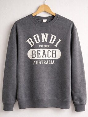 Bondi Beach Australia Crewneck Sweatshirt Gray Graphic Pullover Size L Cotton